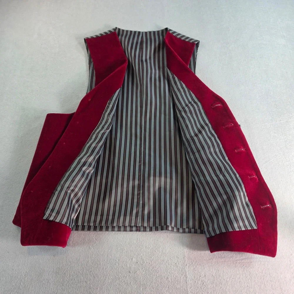 Vintage Red Velvet Waistcoat Vest Mens Striped Back Cinch Formal Holiday Red